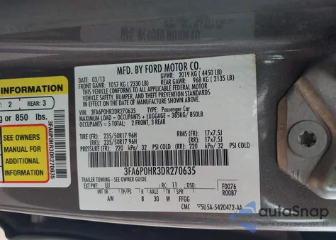 2013 Ford Fusion Se z USA, uszkodzony, nr VIN 3FA6P0HR3DR270635